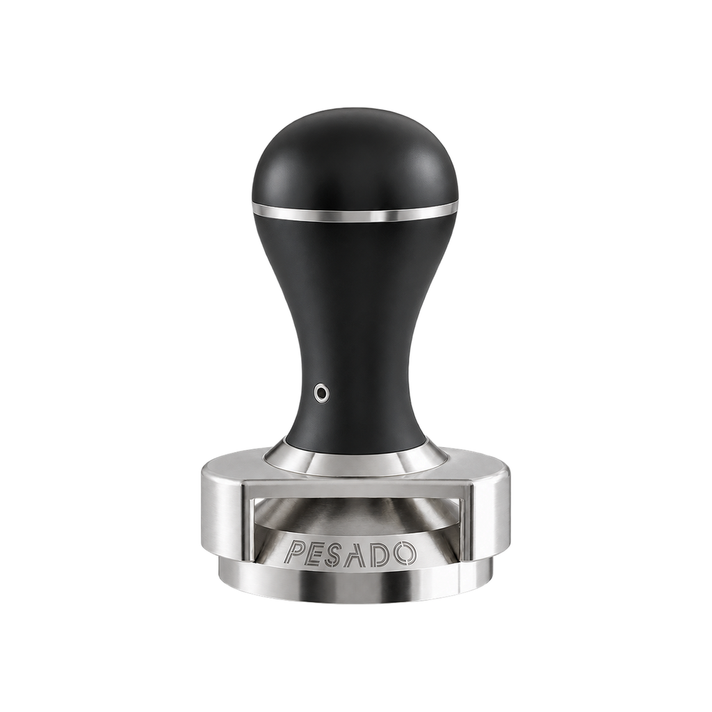 Pesado Tamper w/ Depth Adjuster 58.5mm — Black & Black; consistent elevated view, square transparent image
