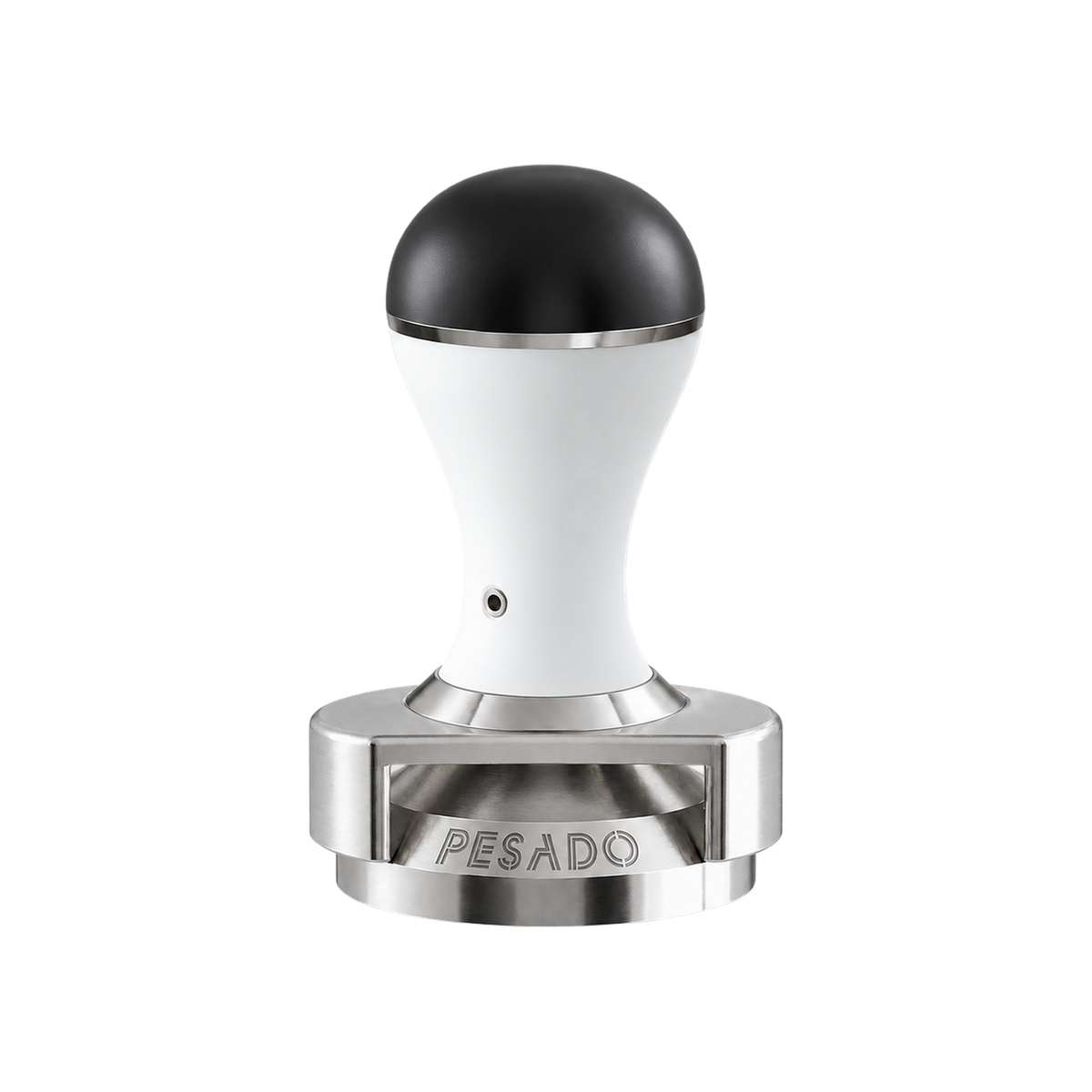 Pesado Tamper w/ Depth Adjuster 58.5mm — White & Black; consistent elevated view, square transparent image