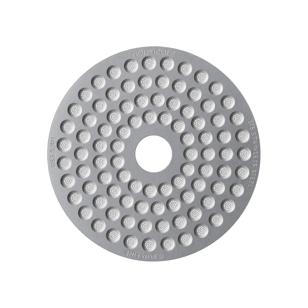Normcore Ultra-Slim 0.8mm Puck Screen 316 Stainless Steel — 58.5mm Round hole in the middle / Stainless Steel; consistent elevated view, square transparent image