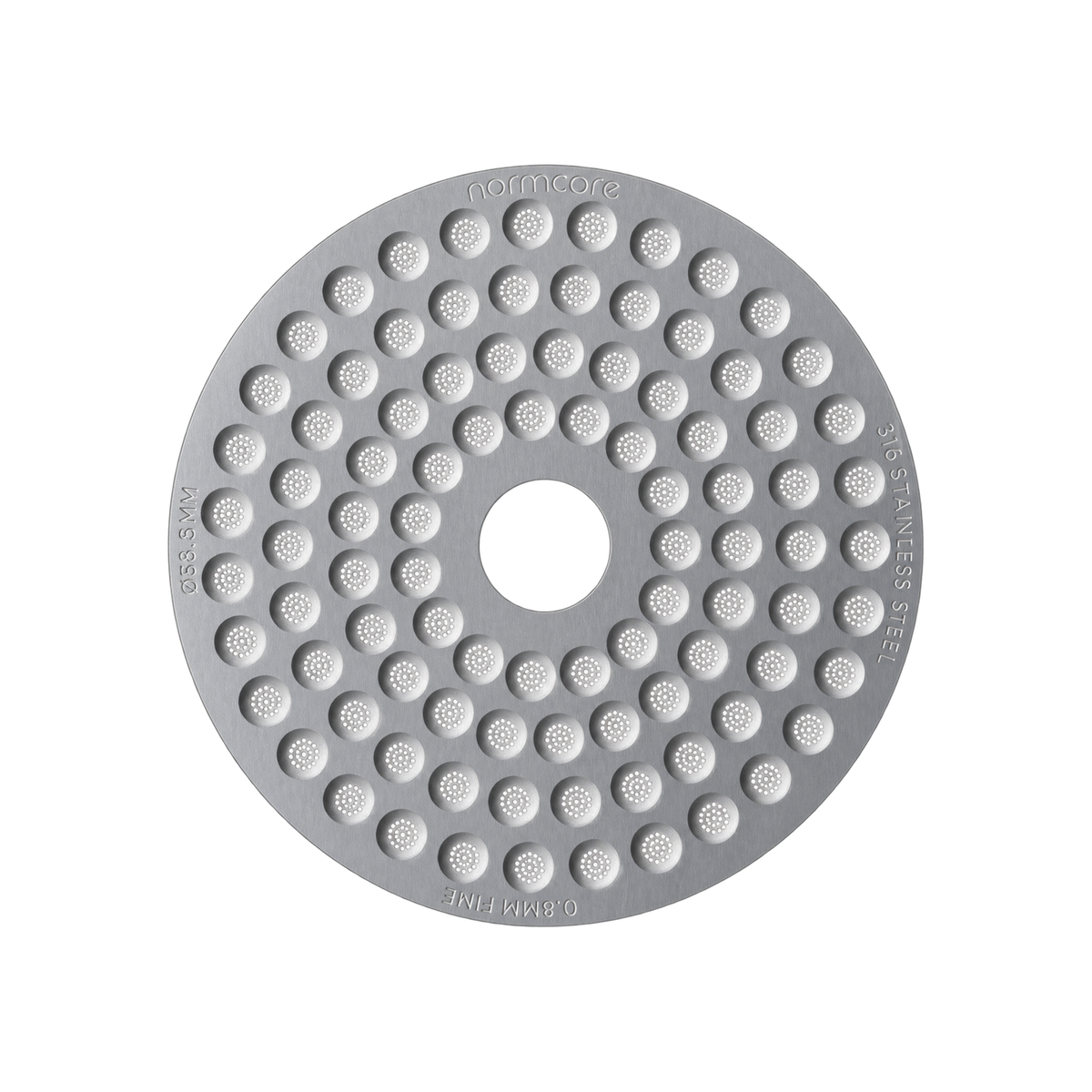Normcore Ultra-Slim 0.8mm Puck Screen 316 Stainless Steel — 58.5mm Round hole in the middle / Stainless Steel; consistent elevated view, square transparent image