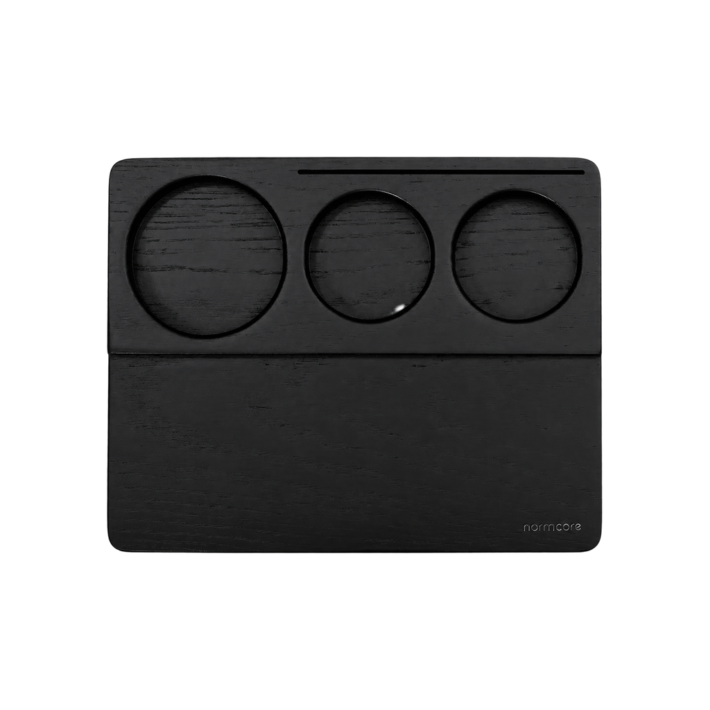 Normcore Wooden Tamping Mat — Black Oak; consistent elevated view, square transparent image