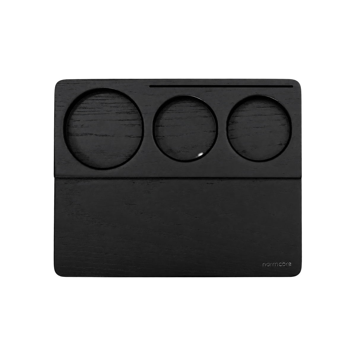 Normcore Wooden Tamping Mat — Black Oak; consistent elevated view, square transparent image