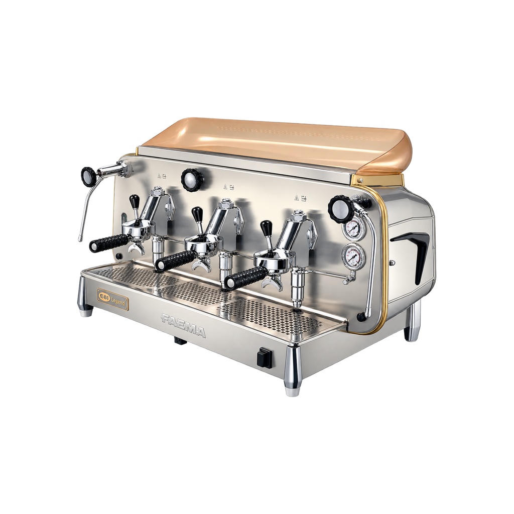 FAEMA E61 Legend Espresso Machine — 3 Group; consistent elevated view, square transparent image