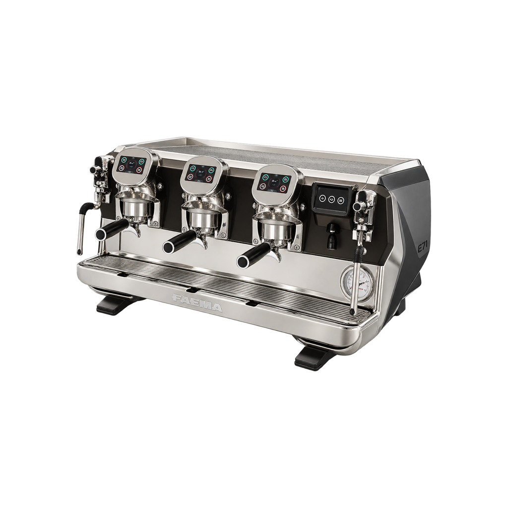 FAEMA E71 Touch Espresso Machine — 3 Group; consistent elevated view, square transparent image