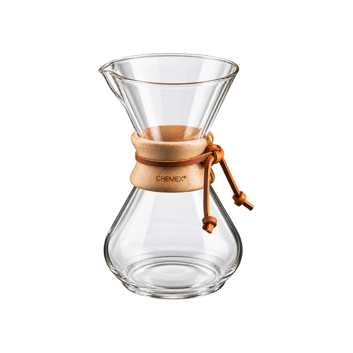 Chemex Classic Series Coffeemaker — 6 Cups; consistent elevated view, square transparent image