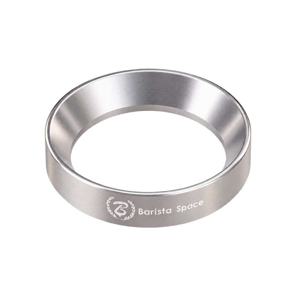 Barista Space Magnetic Dosing Funnel — 58mm Silver; consistent elevated view, square transparent image