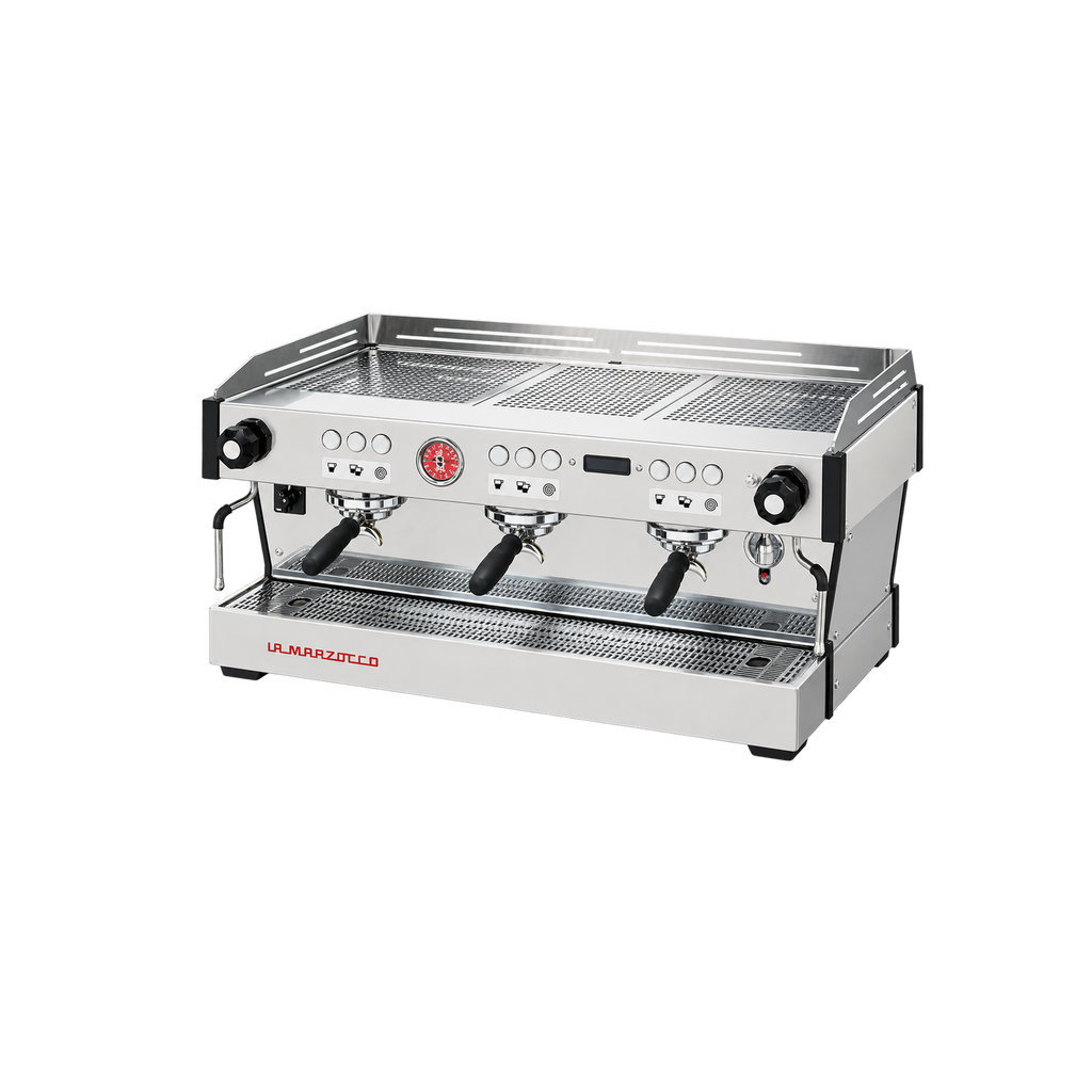 La Marzocco Linea PB, Espresso Machine Two Group and Three Group — 3 Group; consistent elevated view, square transparent image