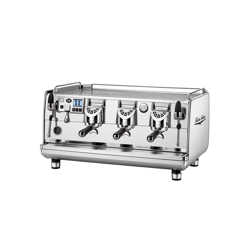 Victoria Arduino VA358 White Eagle Espresso Machine – Digital Display — 3 Group; consistent elevated view, square transparent image