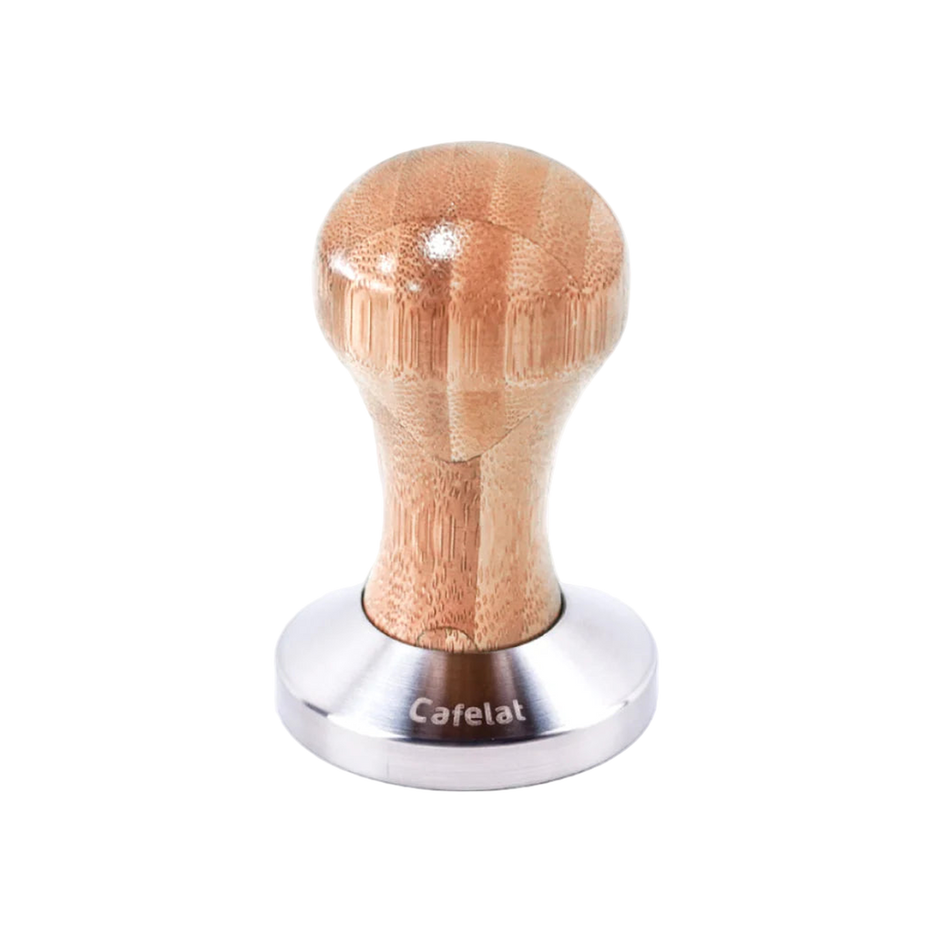 Cafelat Espresso Tamper - Bamboo Wood Handle — 51 MM, 53 MM, 58.5 MM; consistent elevated view, square transparent image