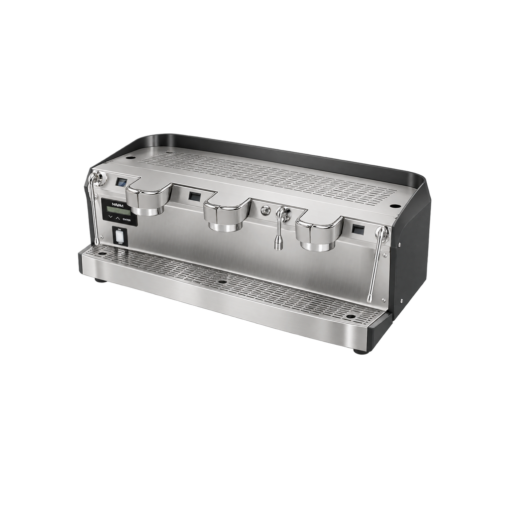 Mavam Mach Series Espresso Machine — 3 Groups; consistent elevated view, square transparent image