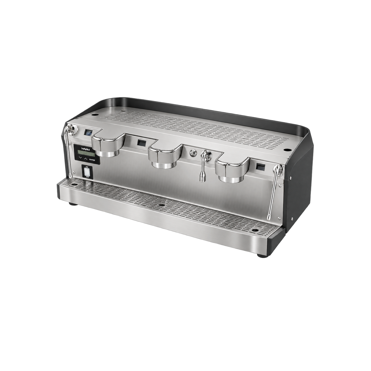 Mavam Mach Series Espresso Machine — 3 Groups; consistent elevated view, square transparent image