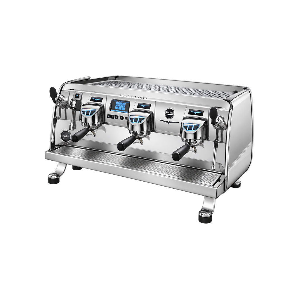 Victoria Arduino Black Eagle Gravitech Espresso Machine – Steelux Finish — 3 Group; consistent elevated view, square transparent image