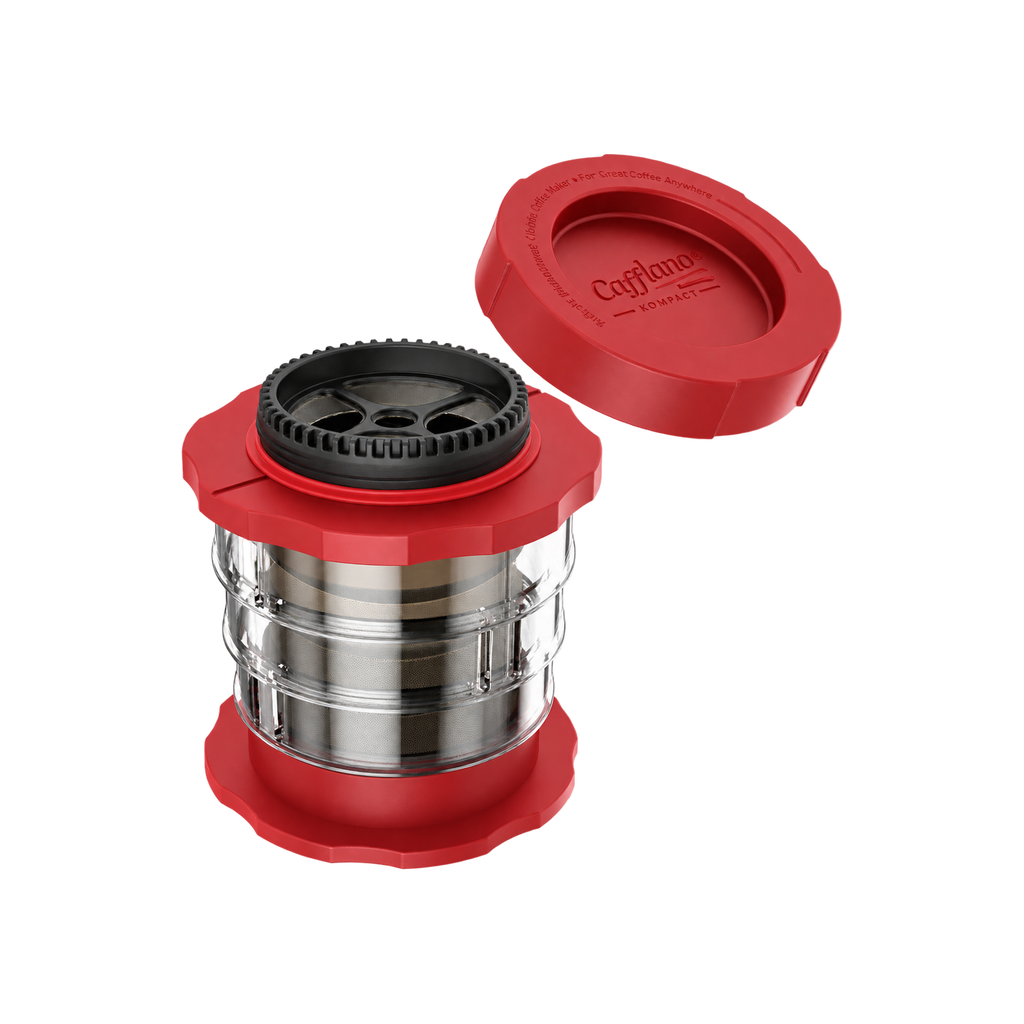 Cafflano Kompact — Red; consistent elevated view, square transparent image
