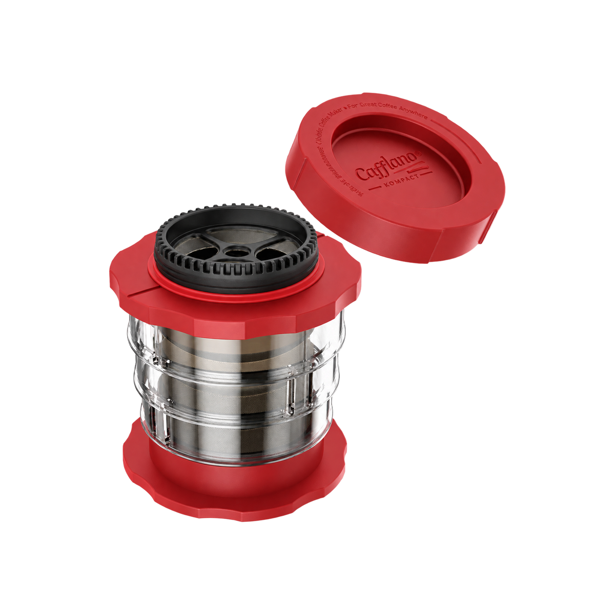 Cafflano Kompact — Red; consistent elevated view, square transparent image