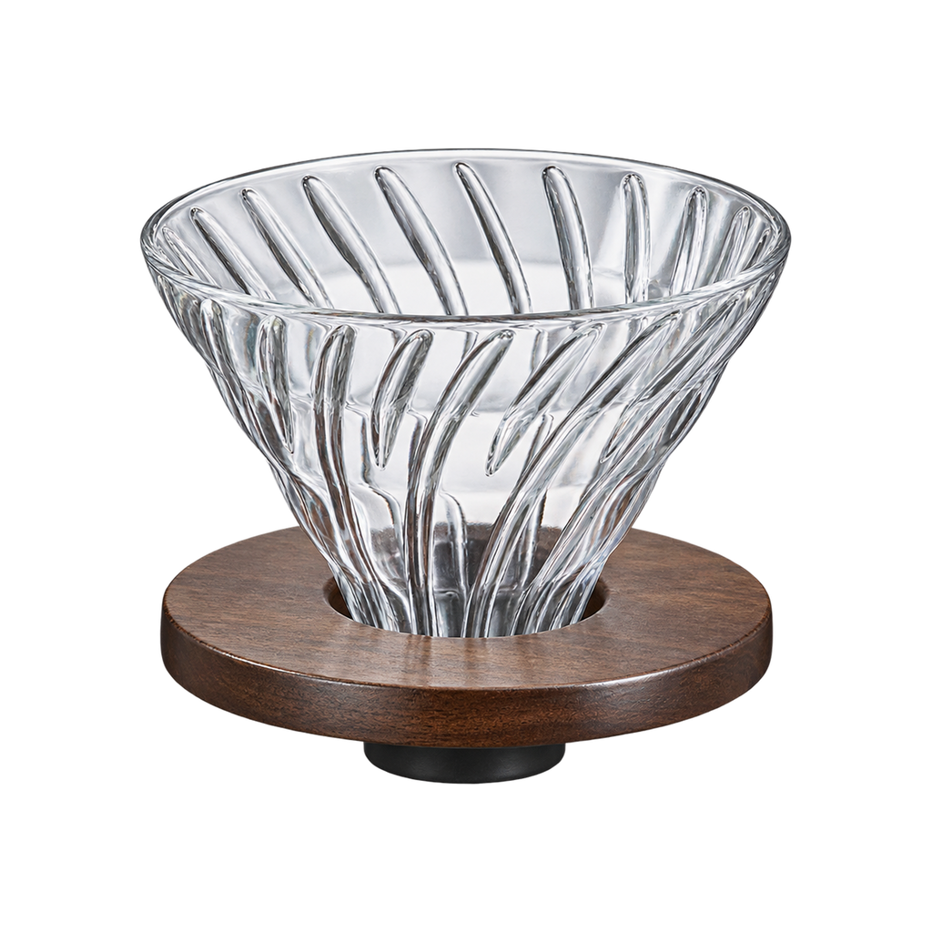 Hario V60 Glass Dripper Walnut — Walnut; consistent elevated view, square transparent image