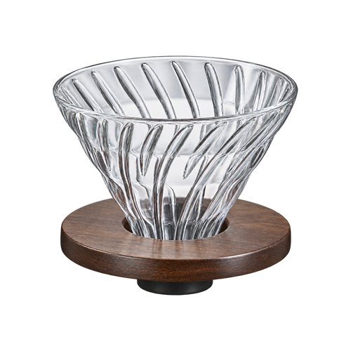 Hario V60 Glass Dripper Walnut — Walnut; consistent elevated view, square transparent image