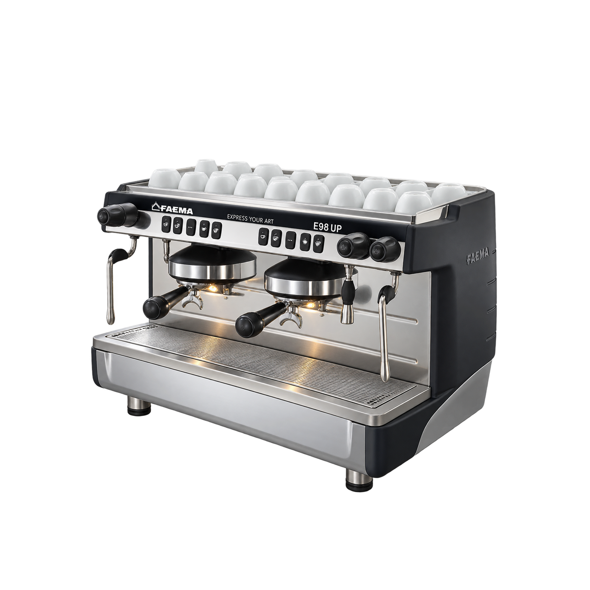 FAEMA E98 UP A/2 Groups Espresso Machine — Black; consistent elevated view, square transparent image
