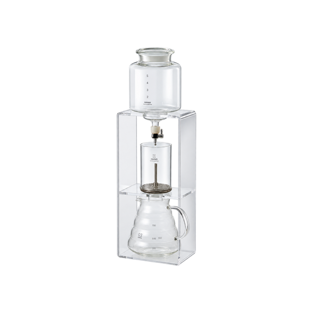 Hario Cold Water Drip Tower Clear — ; consistent elevated view, square transparent image