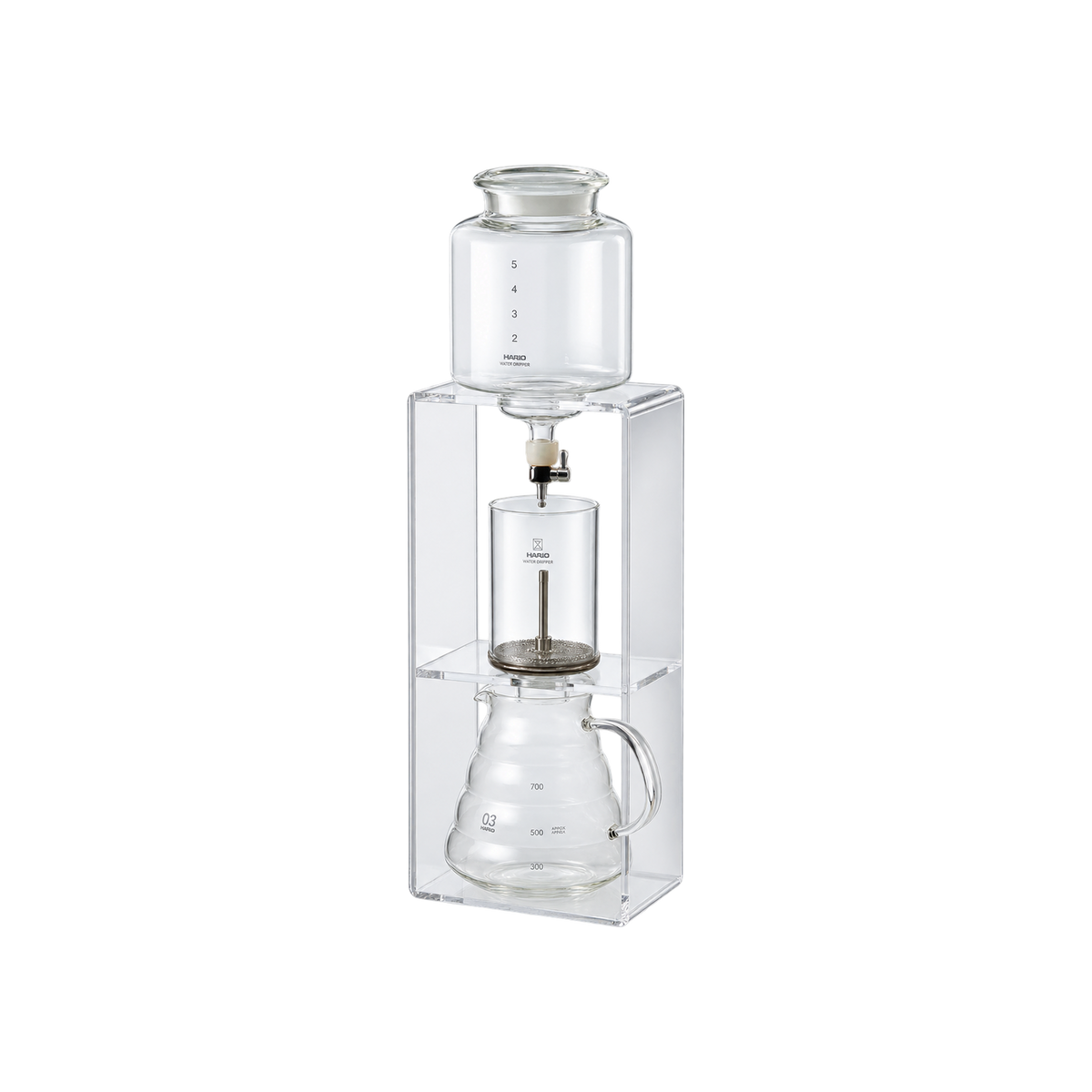 Hario Cold Water Drip Tower Clear — ; consistent elevated view, square transparent image