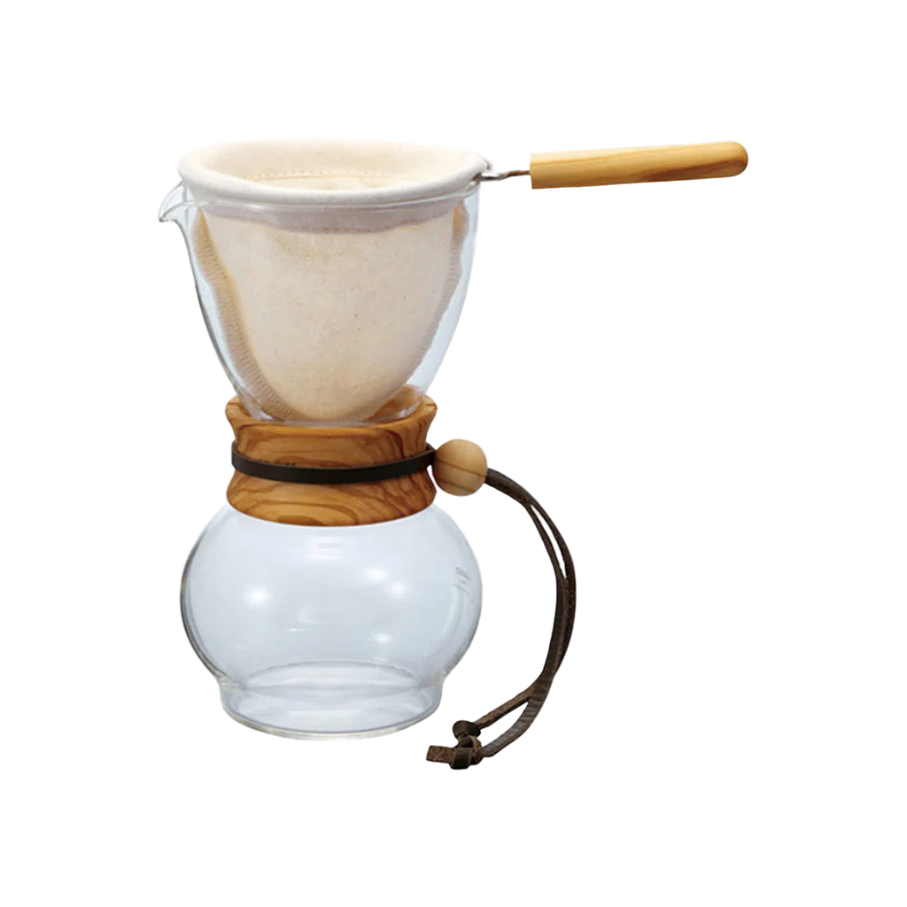 Hario Drip Pot Olive Woodneck — 240ML; consistent elevated view, square transparent image