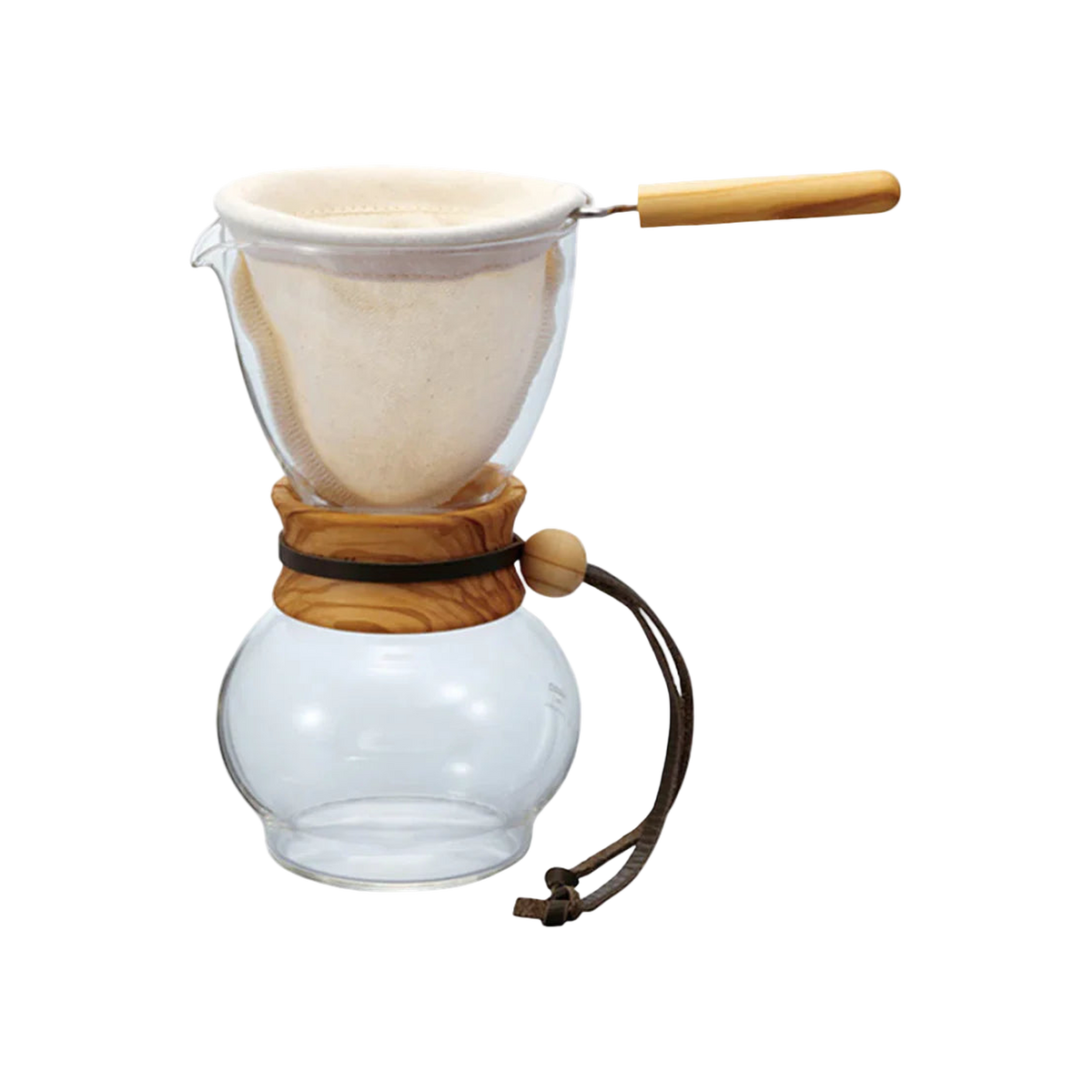 Hario Drip Pot Olive Woodneck — 240ML; consistent elevated view, square transparent image