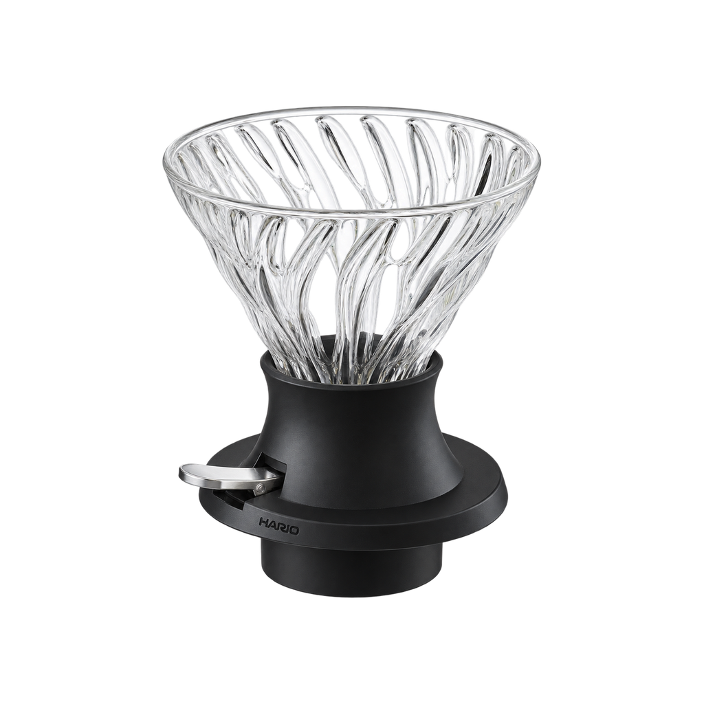 Hario V60 Immersion Dripper Switch — 02 / Black; consistent elevated view, square transparent image