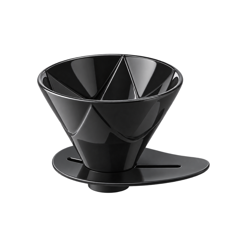 Hario V60 One Pour Dripper MUGEN Ceramic — Black; consistent elevated view, square transparent image