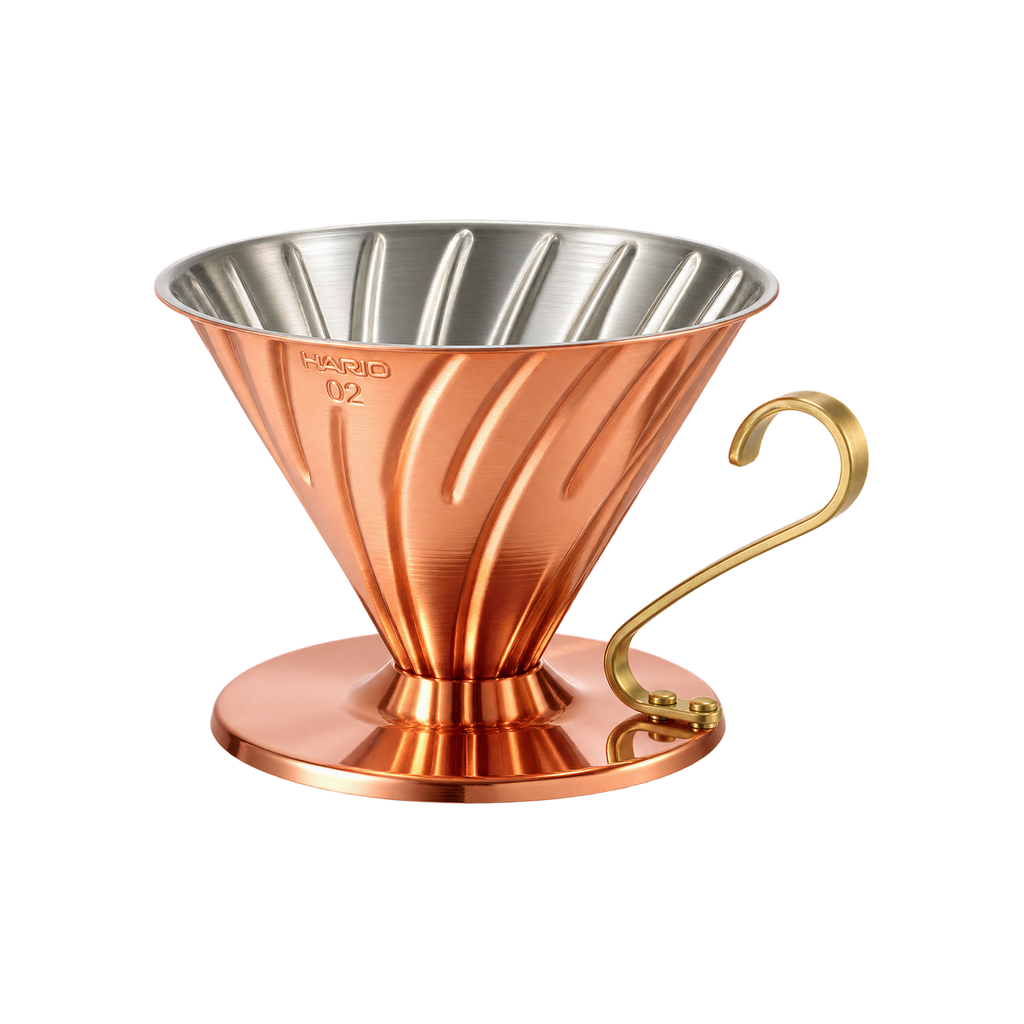 Hario V60-02 Copper Dripper With Nickel Plating Inside — Copper; consistent elevated view, square transparent image