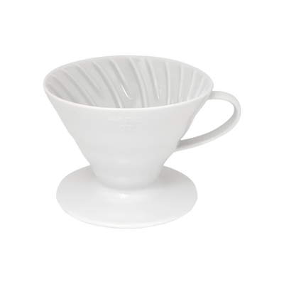 Hario V60-02 Dripper — Ceramic / White; consistent elevated view, square transparent image