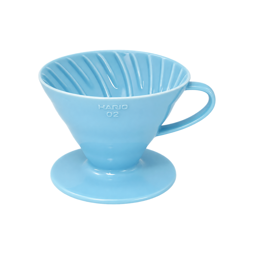 Hario V60-02 Dripper — Ceramic / Blue; consistent elevated view, square transparent image