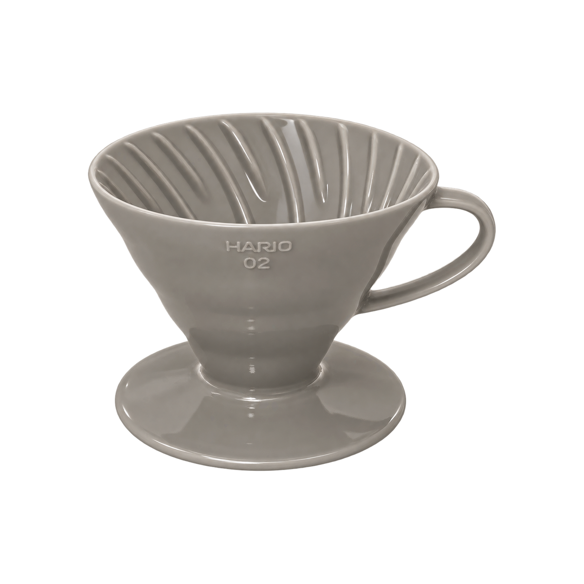 Hario V60-02 Dripper — Ceramic / Gray; consistent elevated view, square transparent image