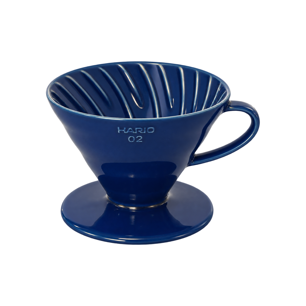 Hario V60-02 Dripper — Ceramic / Indigo Blue; consistent elevated view, square transparent image