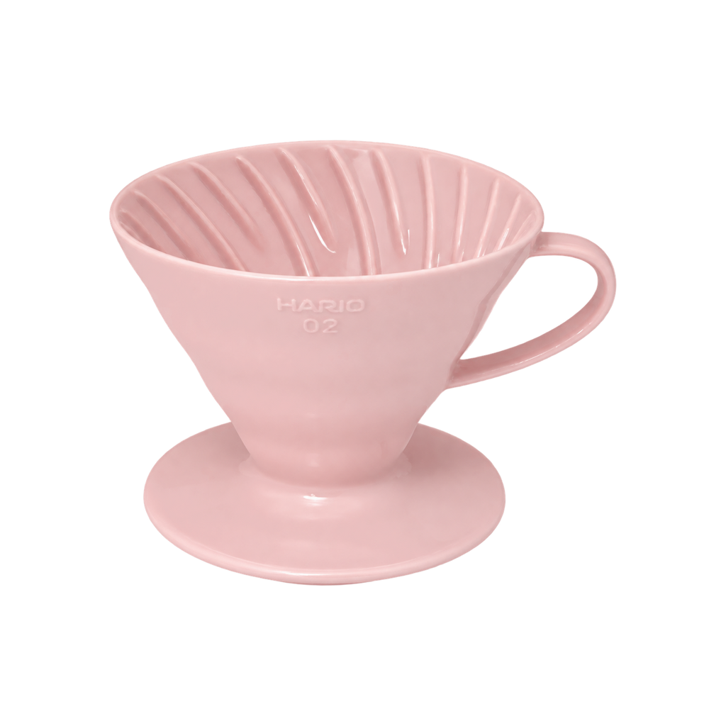 Hario V60-02 Dripper — Ceramic / Pink; consistent elevated view, square transparent image