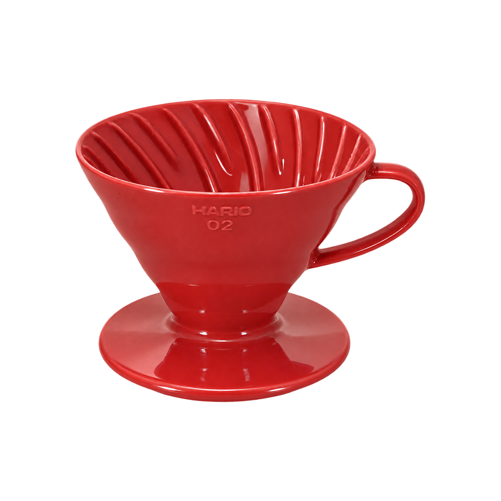 Hario V60-02 Dripper — Ceramic / Red; consistent elevated view, square transparent image
