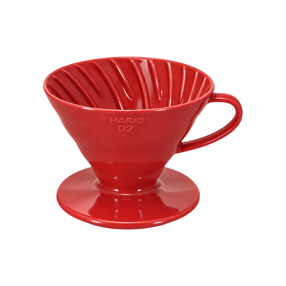 Hario V60-02 Dripper — Ceramic / Red; consistent elevated view, square transparent image