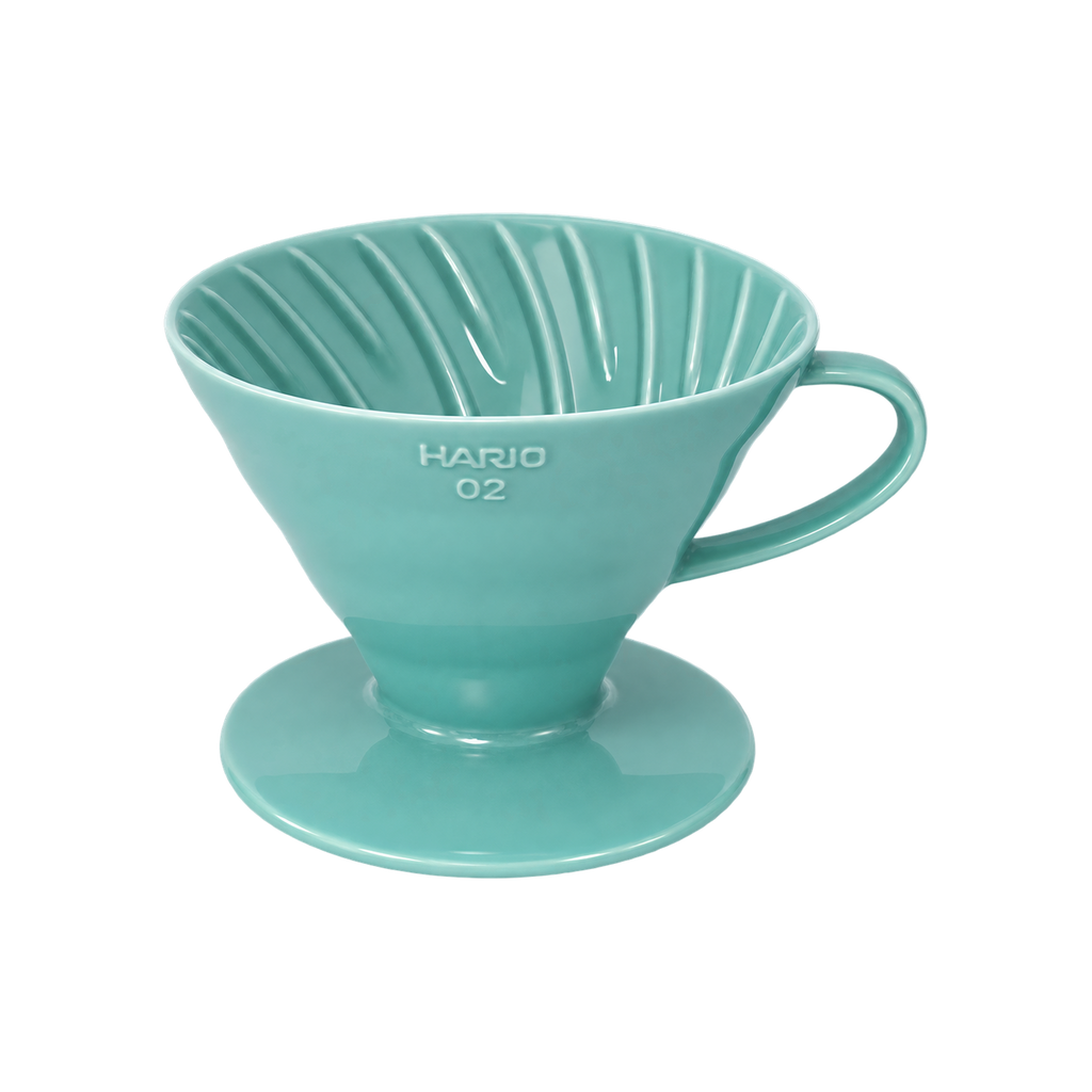Hario V60-02 Dripper — Ceramic / Turquoise; consistent elevated view, square transparent image