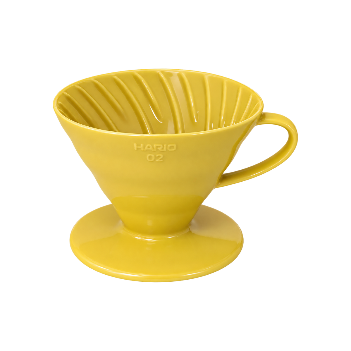 Hario V60-02 Dripper — Ceramic / Yellow; consistent elevated view, square transparent image