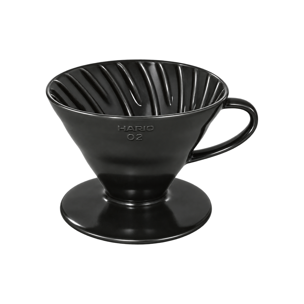 Hario V60-02 Dripper — Ceramic / Matte Black; consistent elevated view, square transparent image