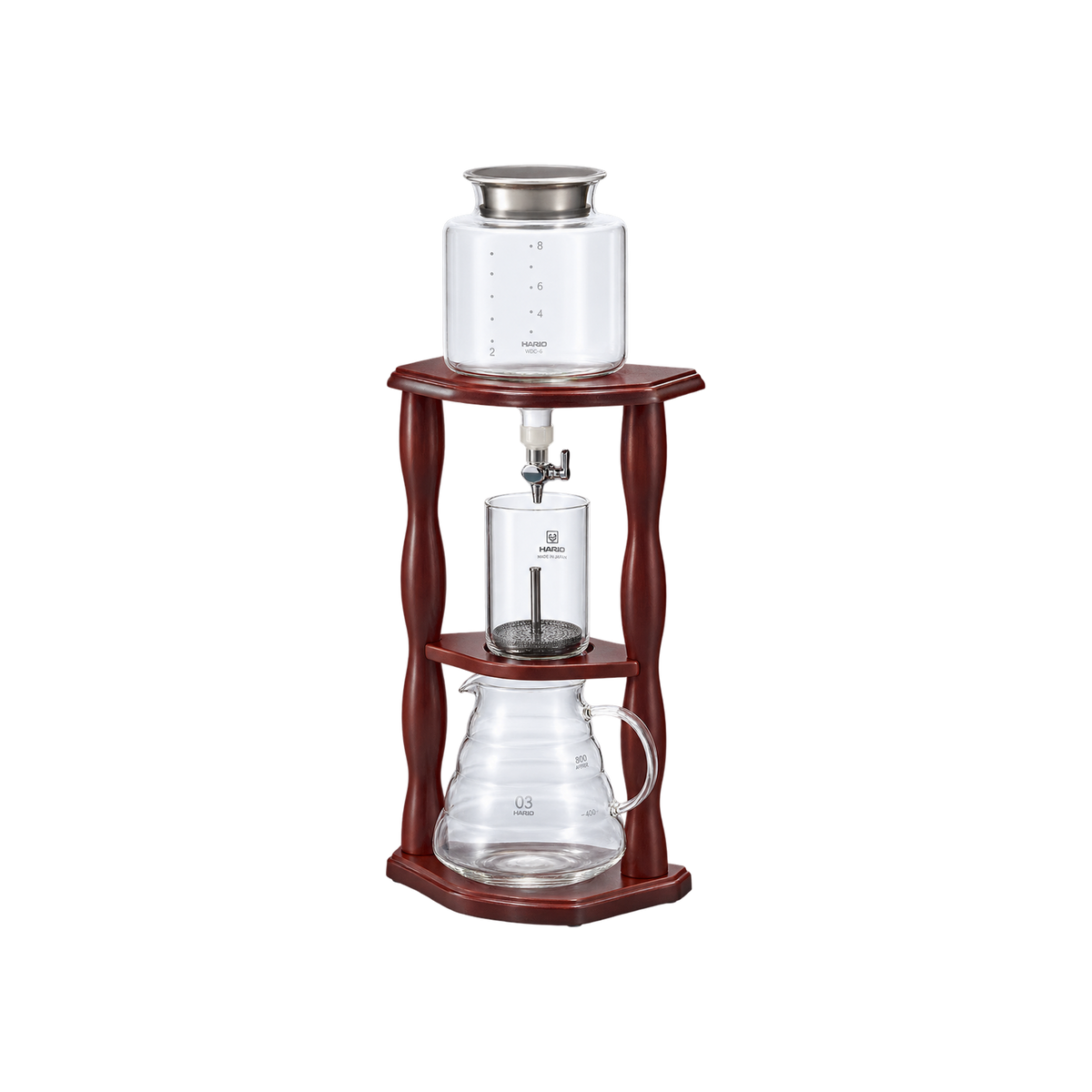 Hario Water Dripper Wood 780ml — 2-6Cups; consistent elevated view, square transparent image