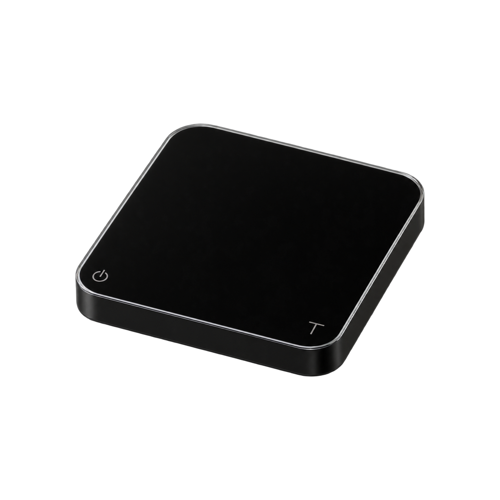 Acaia Pearl 2021 Coffee Scale – Digital Brewing Scale with Flow-Rate Indicator — Black; consistent elevated angle, square transparent image