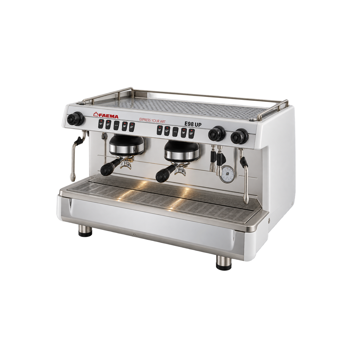 FAEMA E98 UP A/2 Groups Espresso Machine — White; consistent elevated view, square transparent image