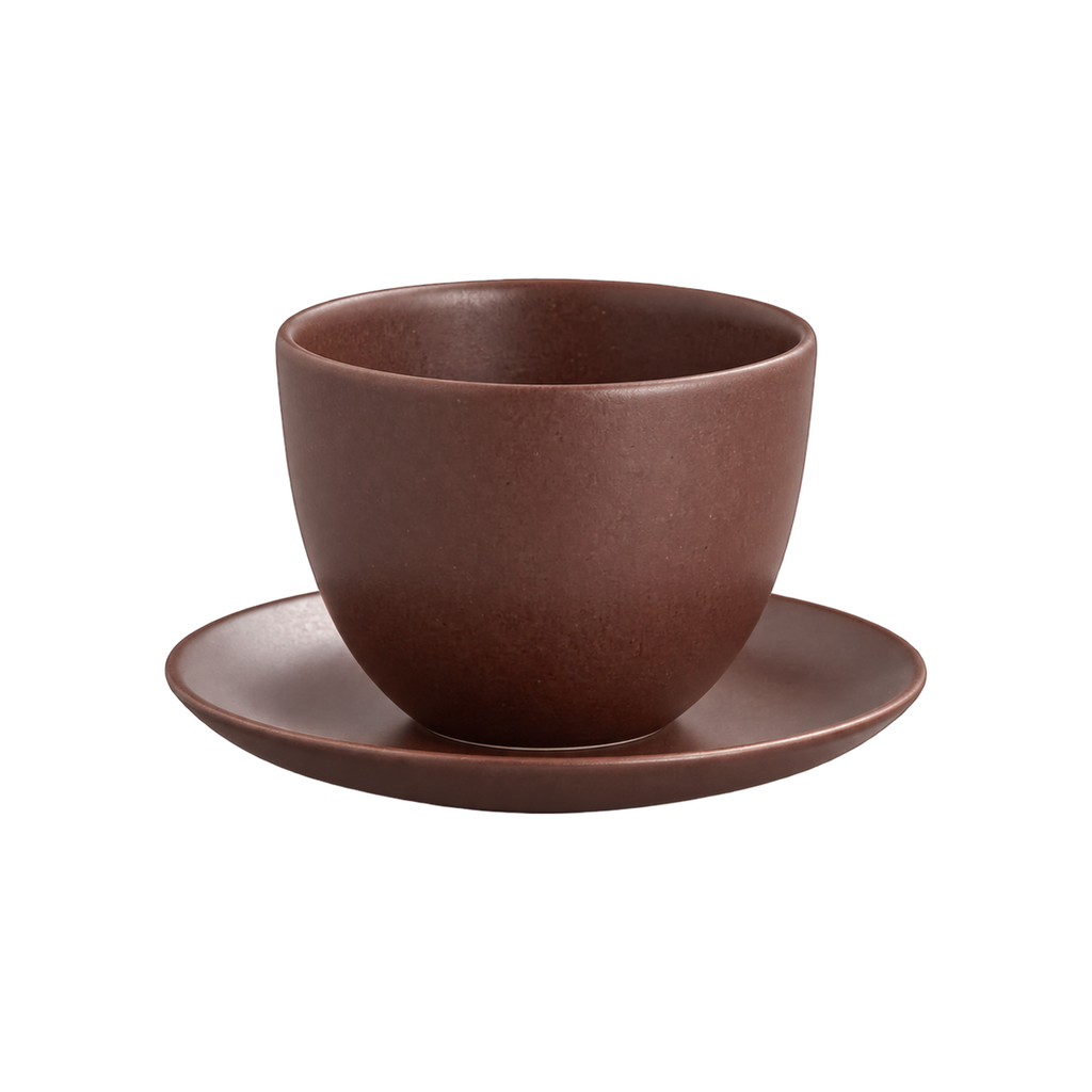 KINTO PEBBLE Cup & Saucer Set — Brown; consistent elevated view, square transparent image