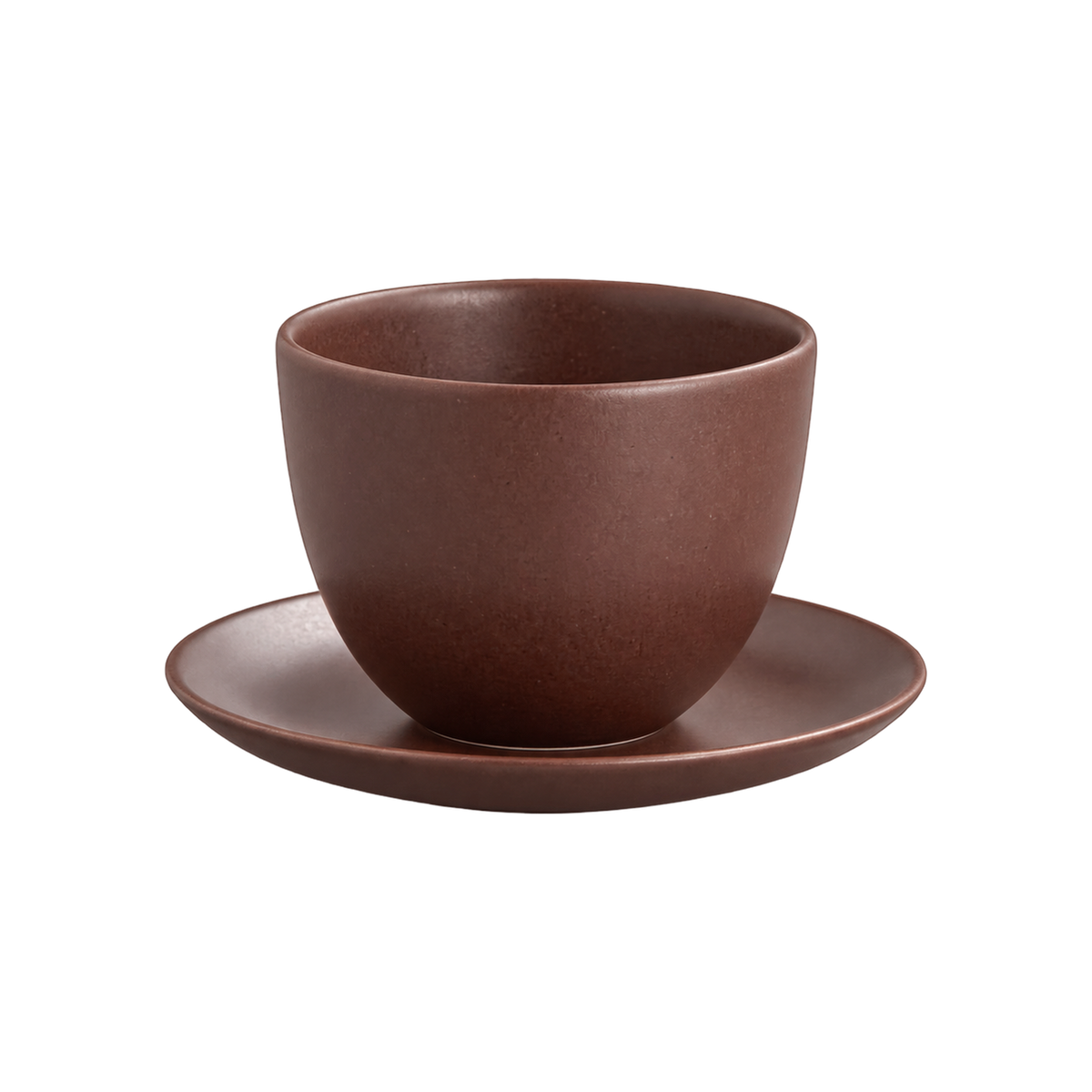 KINTO PEBBLE Cup & Saucer Set — Brown; consistent elevated view, square transparent image