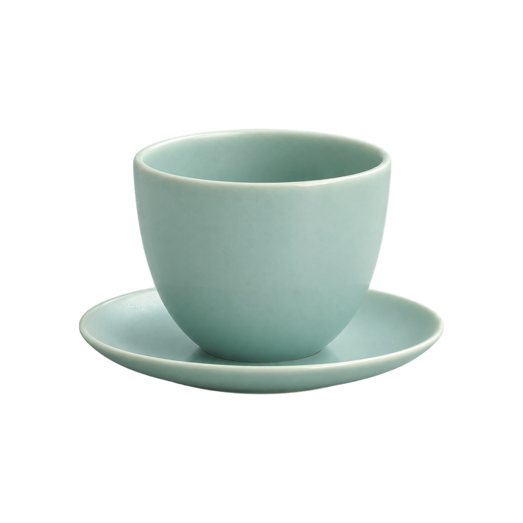 KINTO PEBBLE Cup & Saucer Set — Green; consistent elevated view, square transparent image