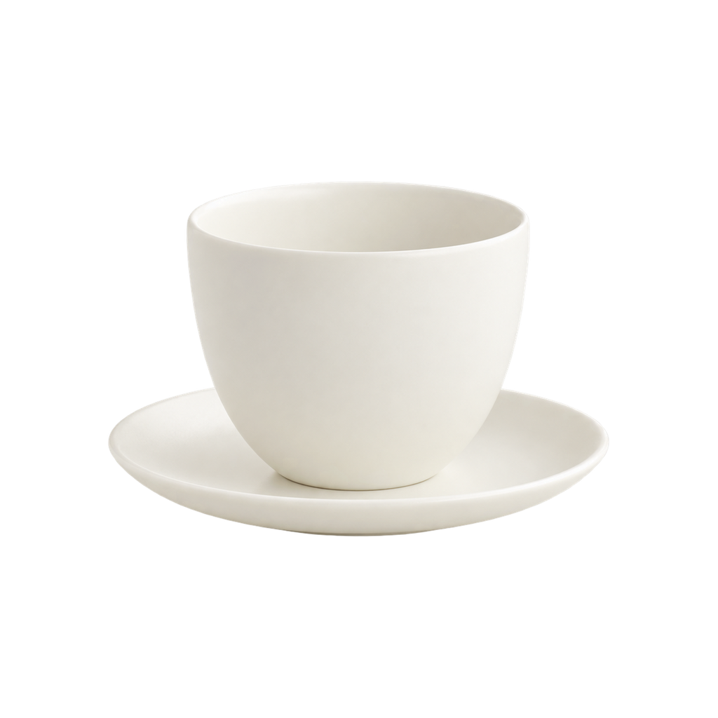 KINTO PEBBLE Cup & Saucer Set — White; consistent elevated view, square transparent image