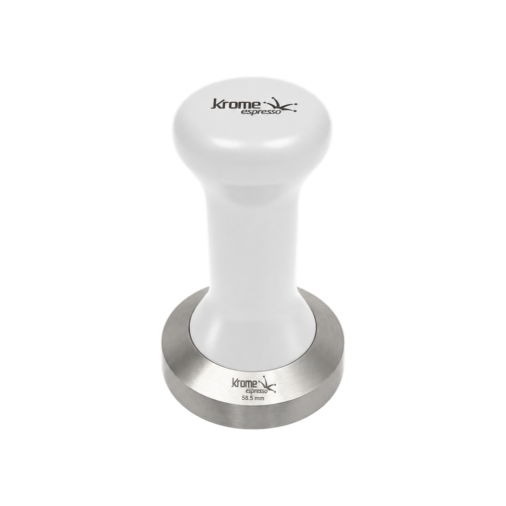 Krome Coffee Tamper 58.5mm – Precision Tool for Perfect Espresso Extraction — White; consistent elevated view, square transparent image