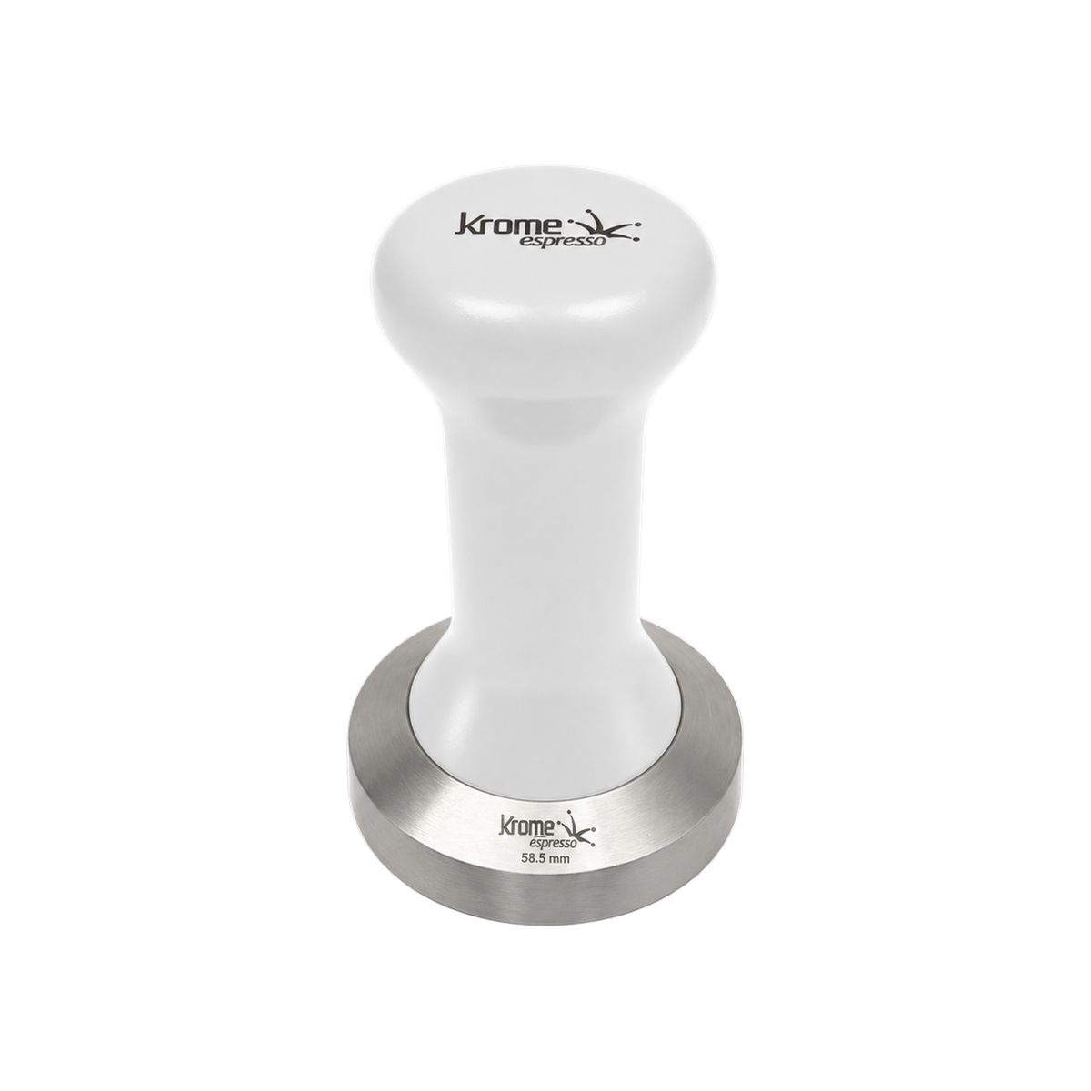 Krome Coffee Tamper 58.5mm – Precision Tool for Perfect Espresso Extraction — White; consistent elevated view, square transparent image