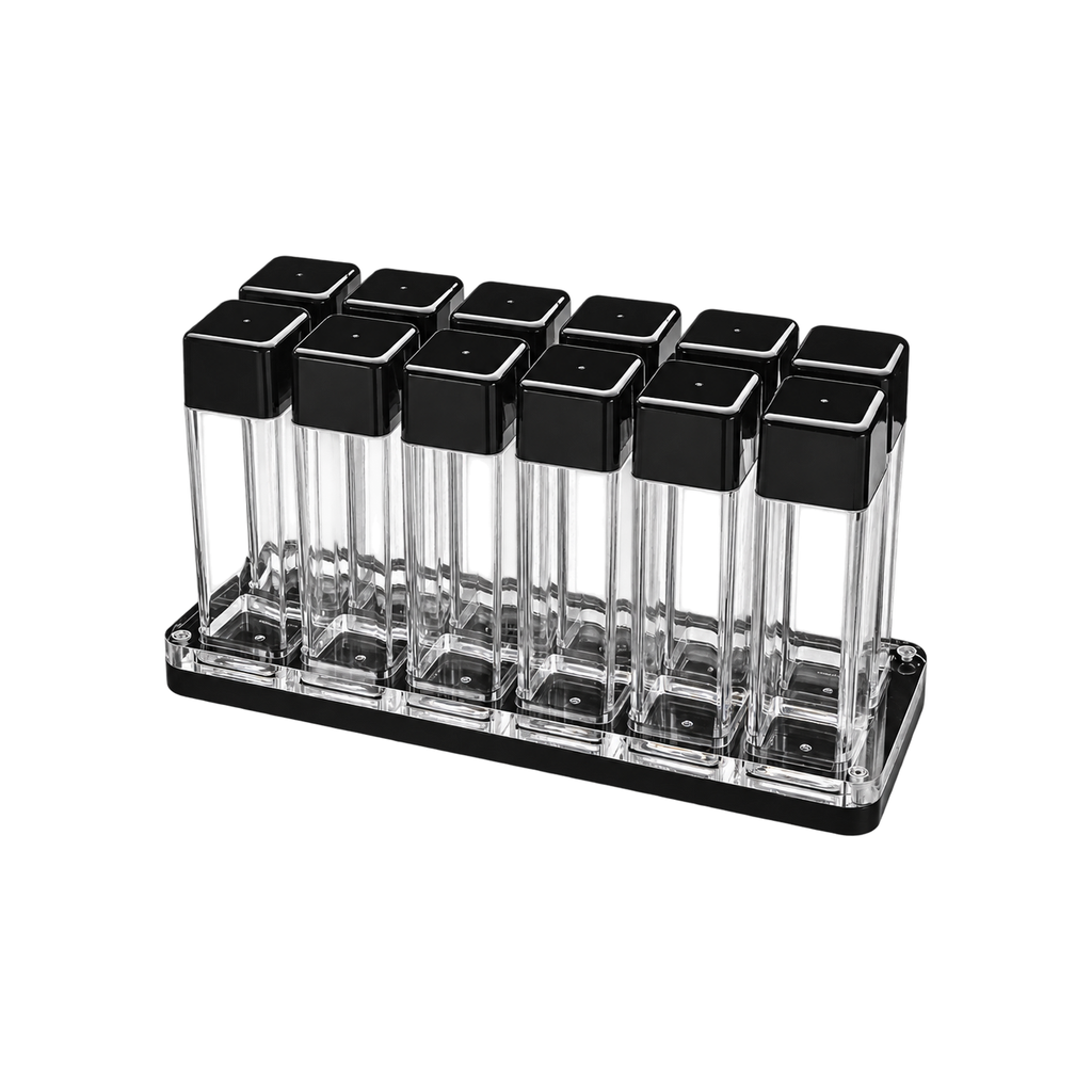 Normcore Coffee Bean Cellars with Stand — 12 Tubes / Transparent; consistent elevated view, square transparent image