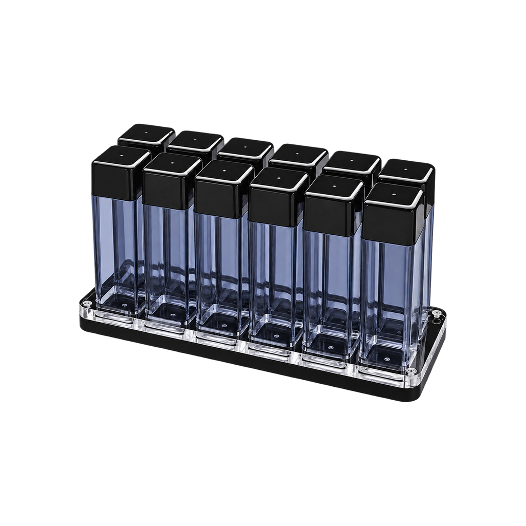 Normcore Coffee Bean Cellars with Stand — 12 Tubes / Smoke Grey; consistent elevated view, square transparent image