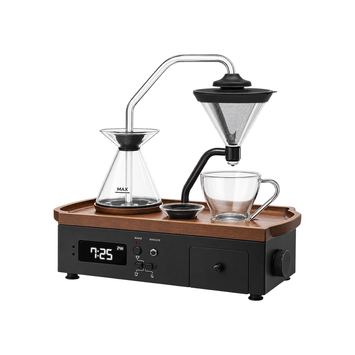 Barisieur™ Tea & Coffee Alarm Clock — Black; consistent elevated view, square transparent image